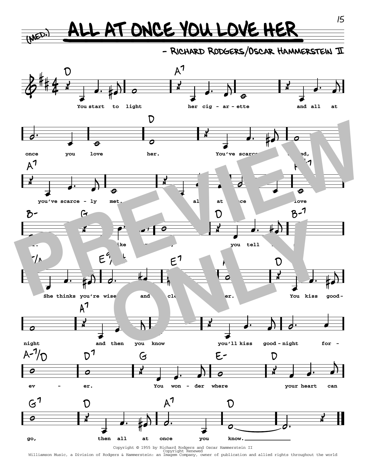 Download Rodgers & Hammerstein All At Once You Love Her (Low Voice) Sheet Music and learn how to play Real Book – Melody, Lyrics & Chords PDF digital score in minutes