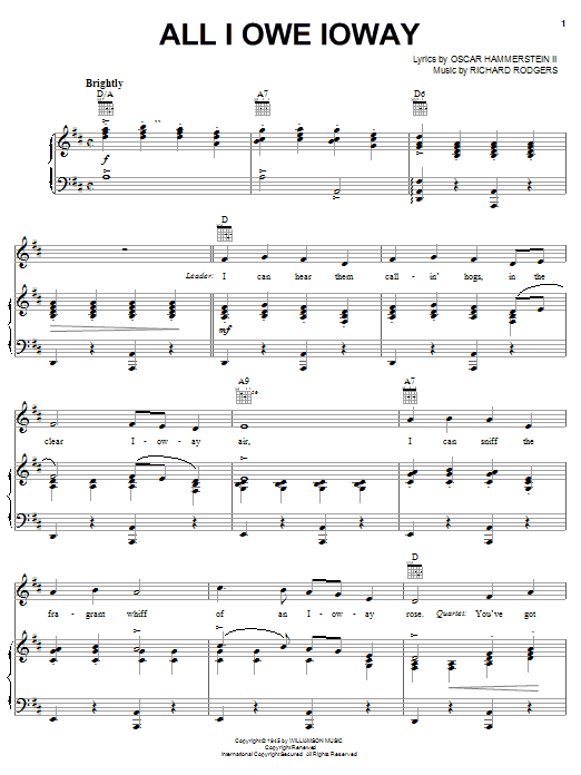 Download Rodgers & Hammerstein All I Owe Ioway Sheet Music and learn how to play Piano, Vocal & Guitar (Right-Hand Melody) PDF digital score in minutes
