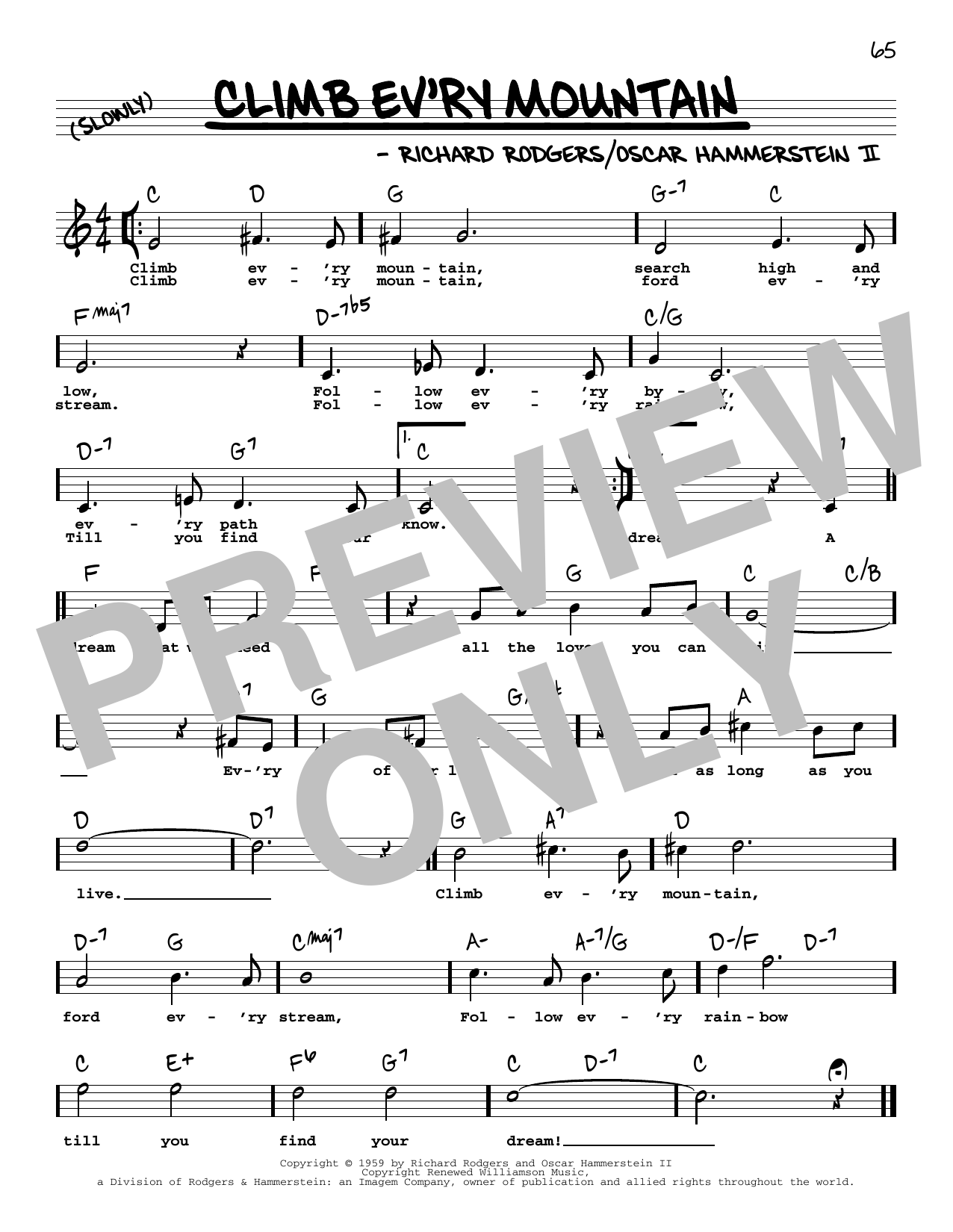 Download Rodgers & Hammerstein Climb Ev'ry Mountain (from The Sound Of Music) (High Voice) Sheet Music and learn how to play Real Book – Melody, Lyrics & Chords PDF digital score in minutes