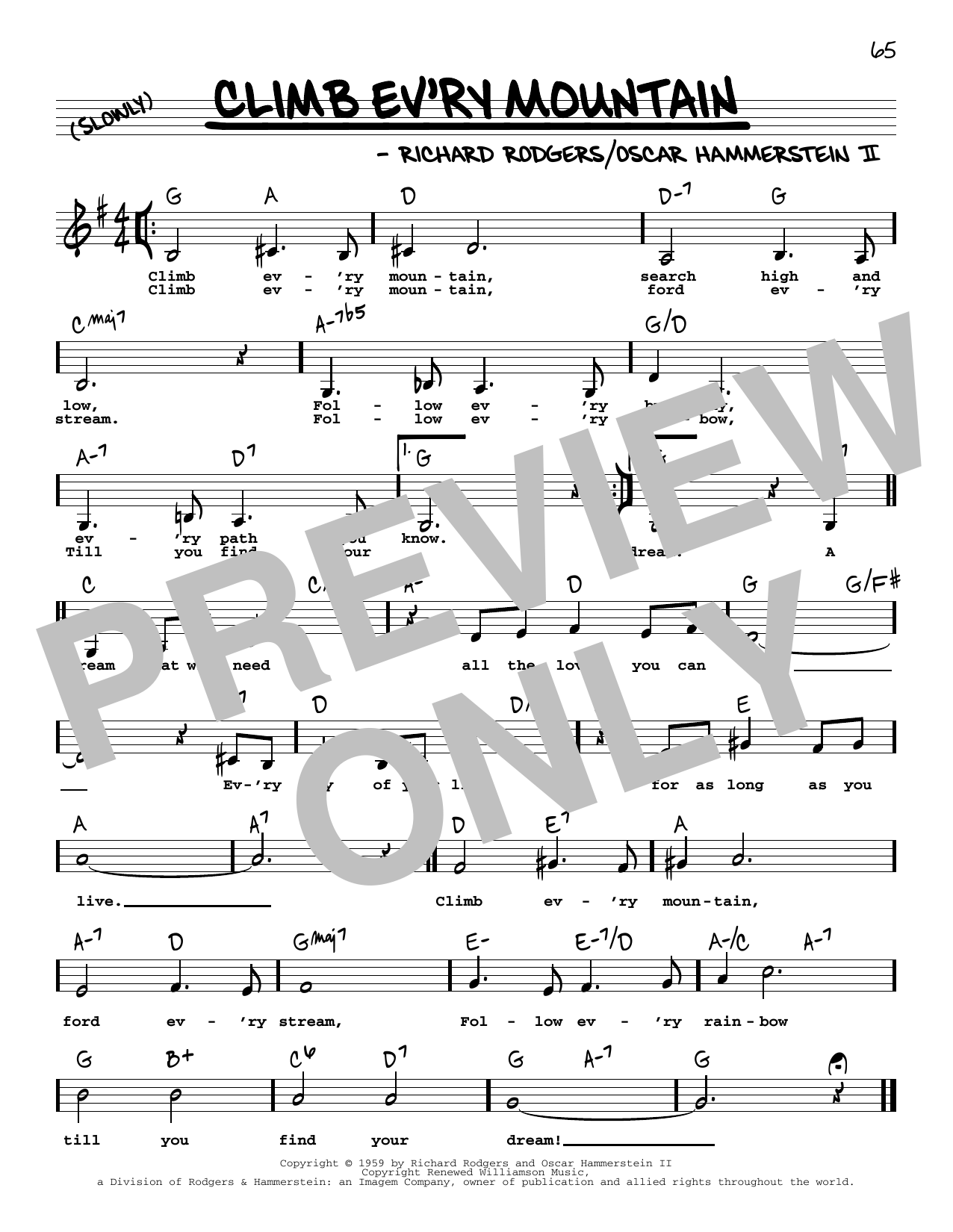 Download Rodgers & Hammerstein Climb Ev'ry Mountain (from The Sound Of Music) (Low Voice) Sheet Music and learn how to play Real Book – Melody, Lyrics & Chords PDF digital score in minutes