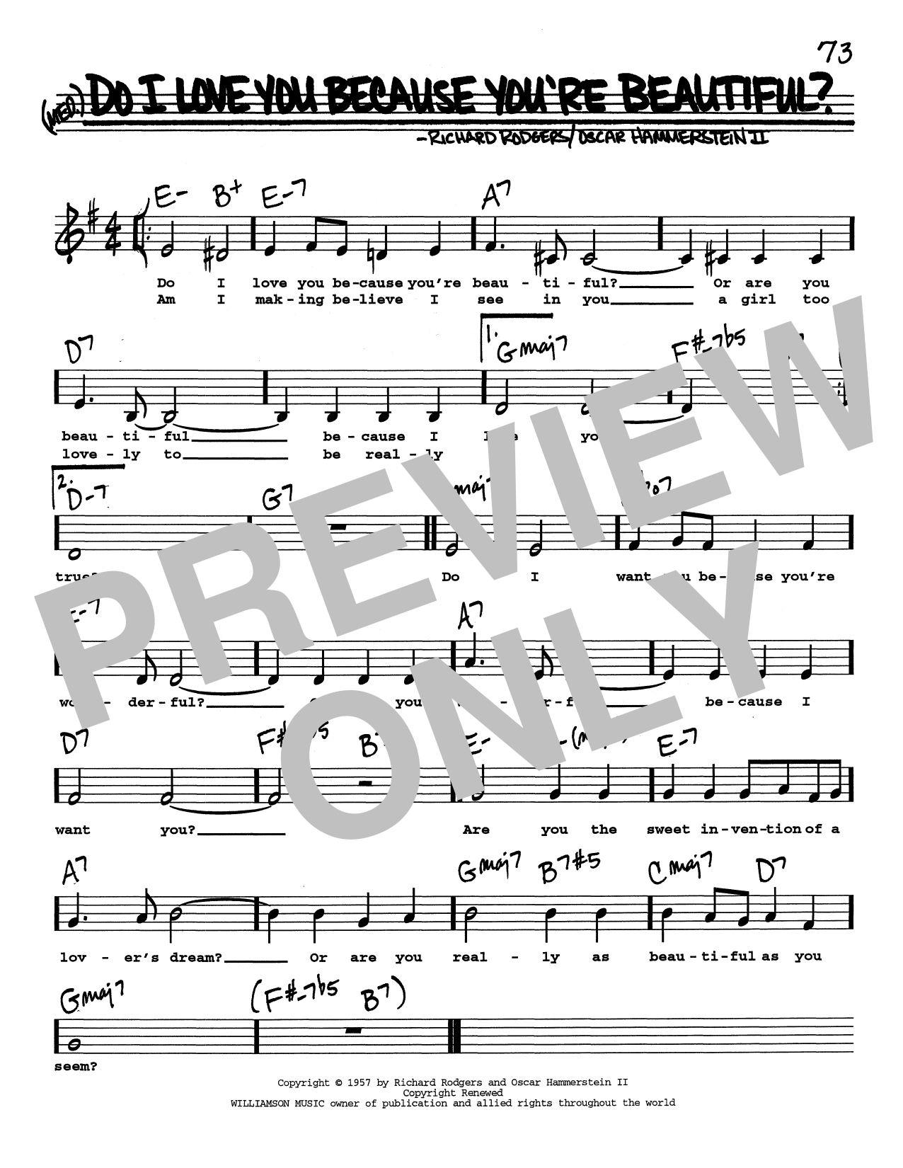 Download Rodgers & Hammerstein Do I Love You Because You're Beautiful? (Low Voice) Sheet Music and learn how to play Real Book – Melody, Lyrics & Chords PDF digital score in minutes