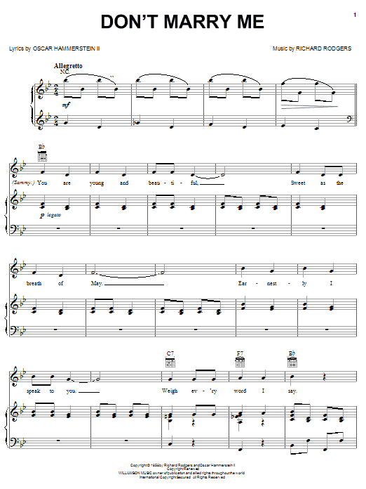Download Rodgers & Hammerstein Don't Marry Me Sheet Music and learn how to play Piano, Vocal & Guitar (Right-Hand Melody) PDF digital score in minutes