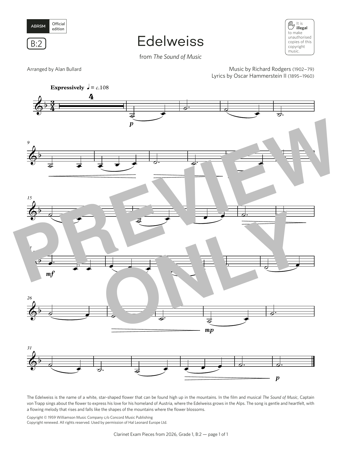 Download Rodgers & Hammerstein Edelweiss (Grade 1, list B2, from the ABRSM Clarinet Syllabus from 2026) Sheet Music and learn how to play Clarinet Solo PDF digital score in minutes