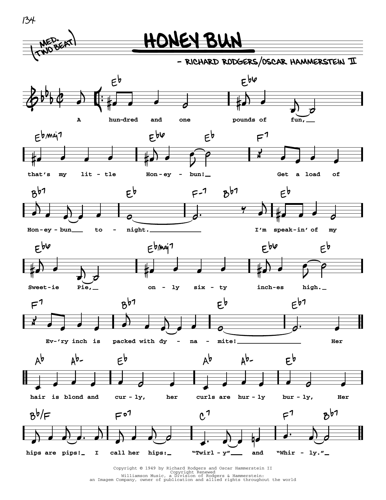 Download Rodgers & Hammerstein Honey Bun (Low Voice) Sheet Music and learn how to play Real Book – Melody, Lyrics & Chords PDF digital score in minutes