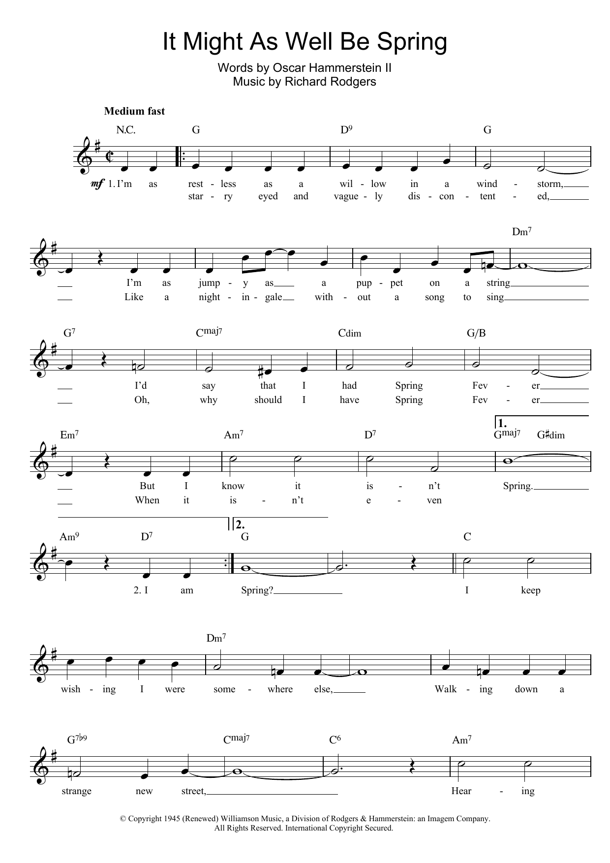 Download Oscar Hammerstein II It Might As Well Be Spring (from State Fair) Sheet Music and learn how to play Lead Sheet / Fake Book PDF digital score in minutes