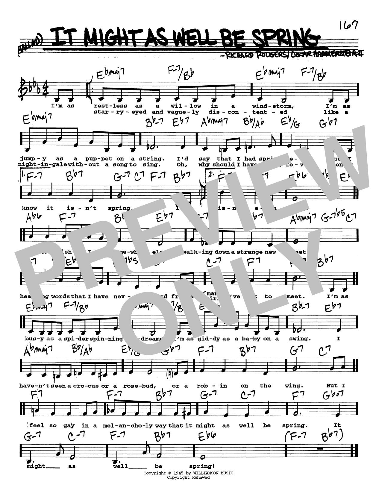 Download Rodgers & Hammerstein It Might As Well Be Spring (Low Voice) Sheet Music and learn how to play Real Book – Melody, Lyrics & Chords PDF digital score in minutes