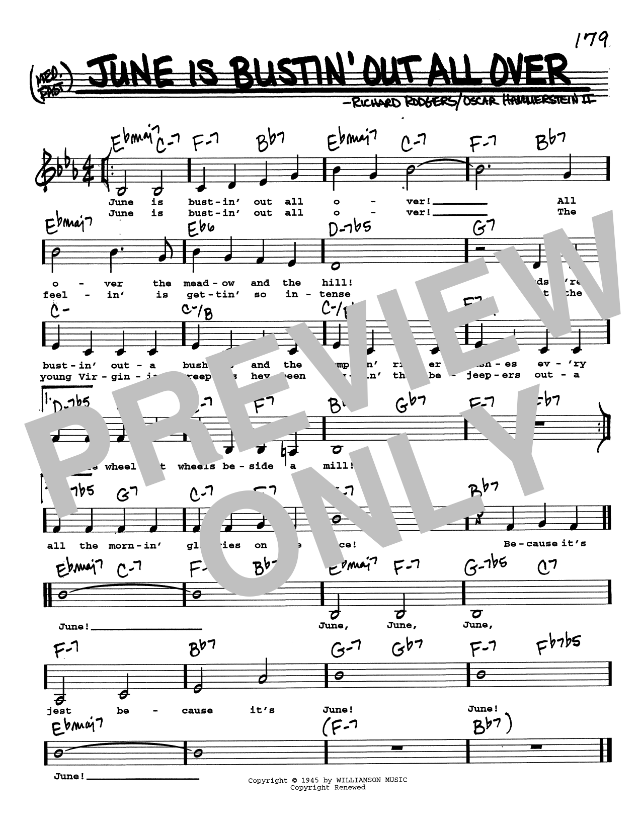 Download Rodgers & Hammerstein June Is Bustin' Out All Over (Low Voice) Sheet Music and learn how to play Real Book – Melody, Lyrics & Chords PDF digital score in minutes