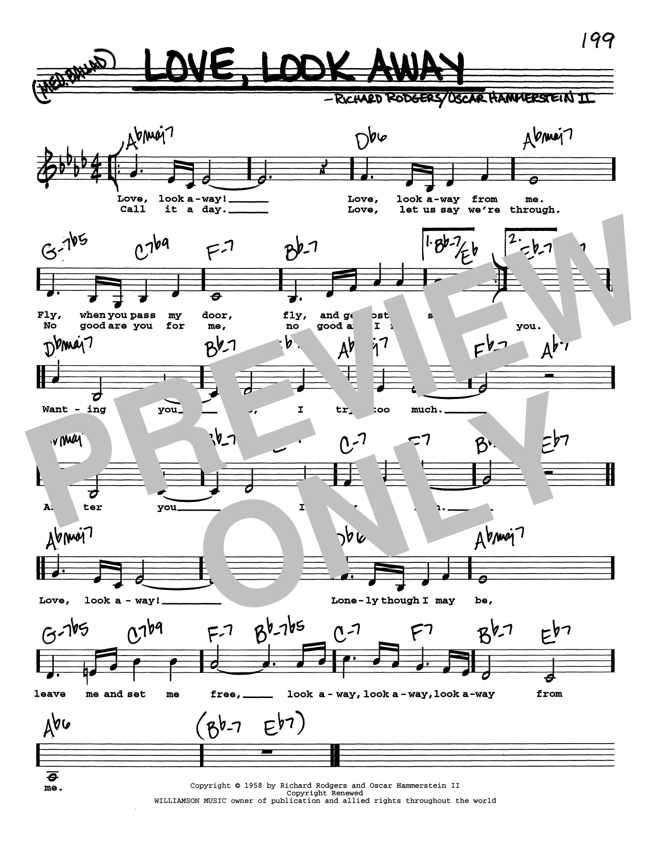 Download Rodgers & Hammerstein Love, Look Away (Low Voice) Sheet Music and learn how to play Real Book – Melody, Lyrics & Chords PDF digital score in minutes