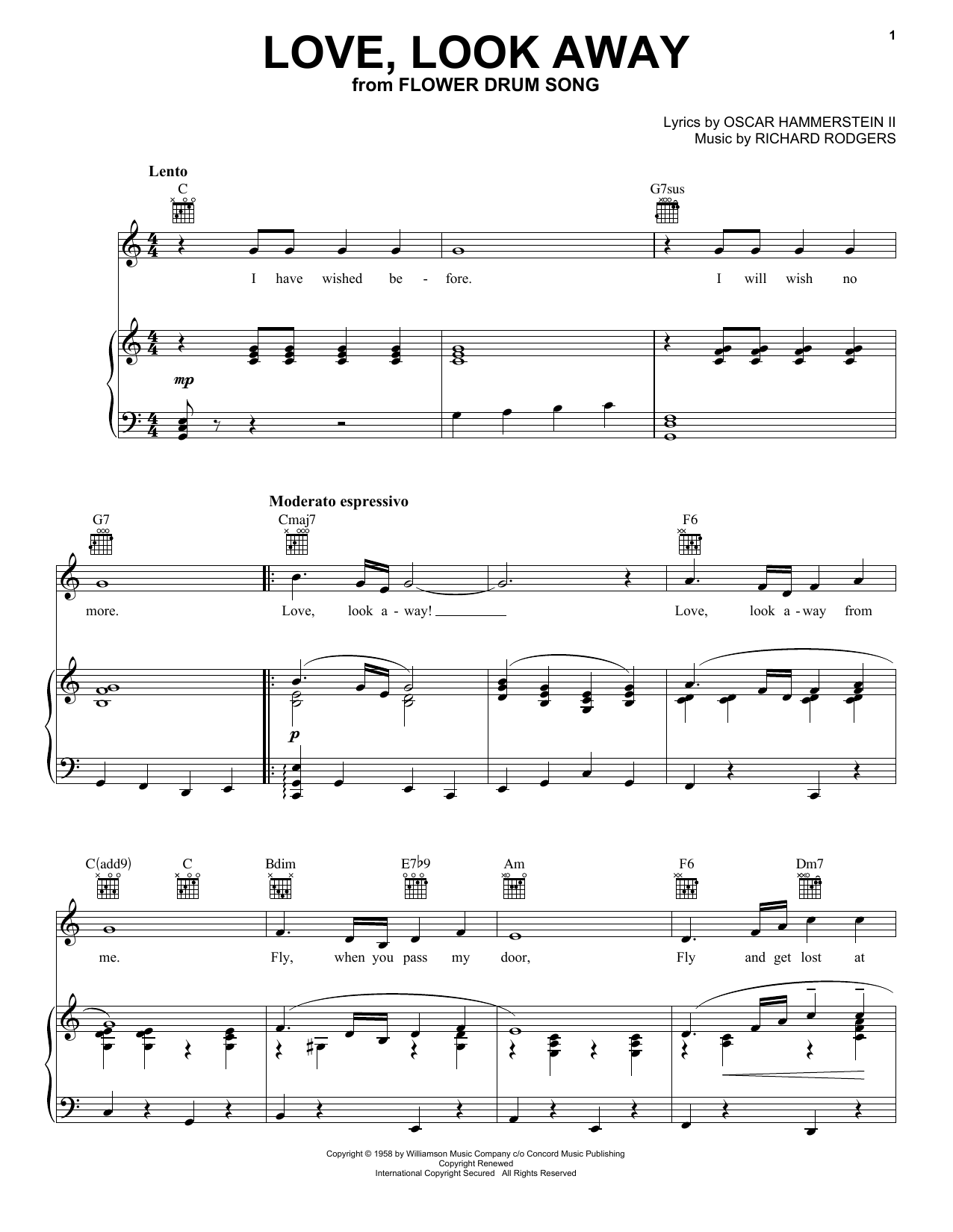 Download Rodgers & Hammerstein Love, Look Away Sheet Music and learn how to play Real Book - Melody, Lyrics & Chords - C Instruments PDF digital score in minutes
