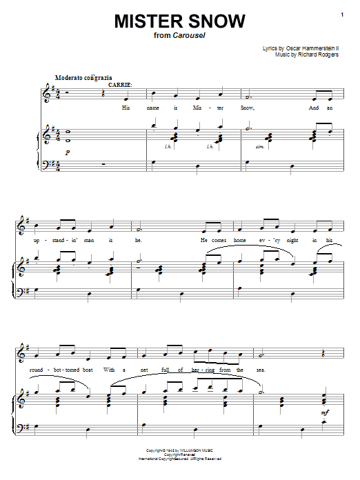 Download Rodgers & Hammerstein Mister Snow Sheet Music and learn how to play Piano, Vocal & Guitar (Right-Hand Melody) PDF digital score in minutes
