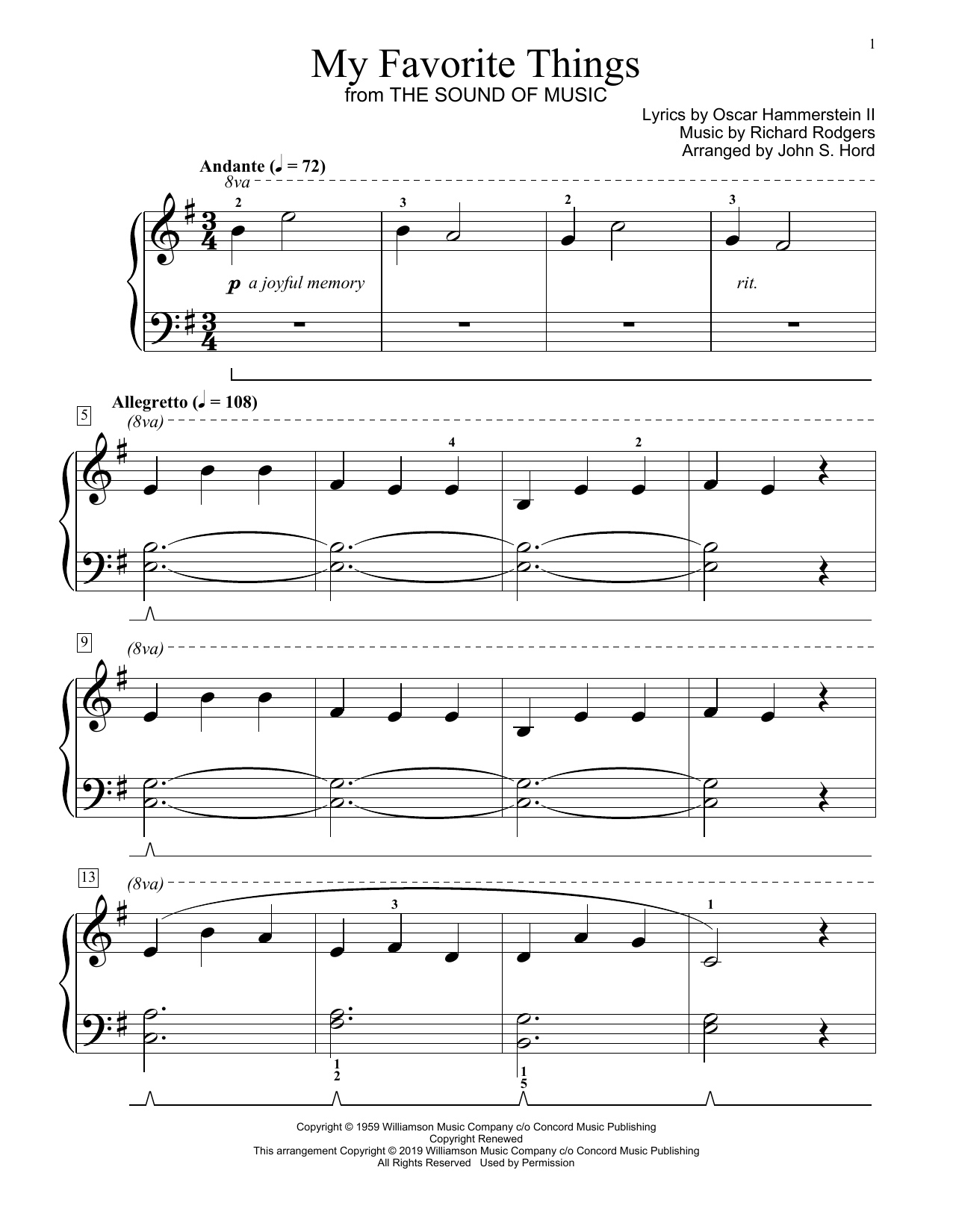 Download Rodgers & Hammerstein My Favorite Things (from The Sound Of Music) (arr. John S. Hord) Sheet Music and learn how to play Educational Piano PDF digital score in minutes