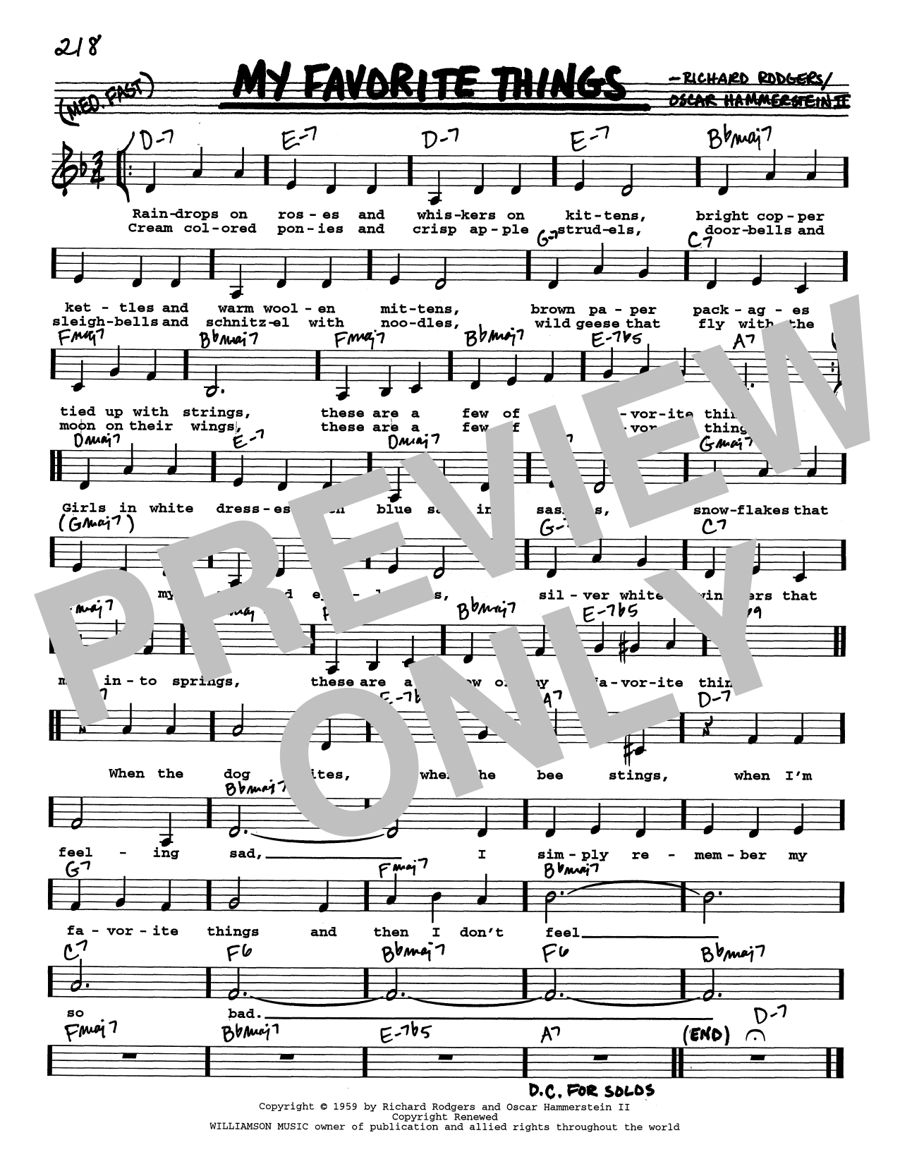 Download Rodgers & Hammerstein My Favorite Things (from The Sound Of Music) (Low Voice) Sheet Music and learn how to play Real Book – Melody, Lyrics & Chords PDF digital score in minutes