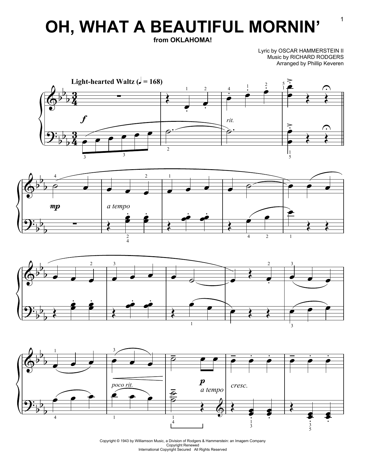 Download Phillip Keveren Oh, What A Beautiful Mornin' Sheet Music and learn how to play Easy Piano PDF digital score in minutes