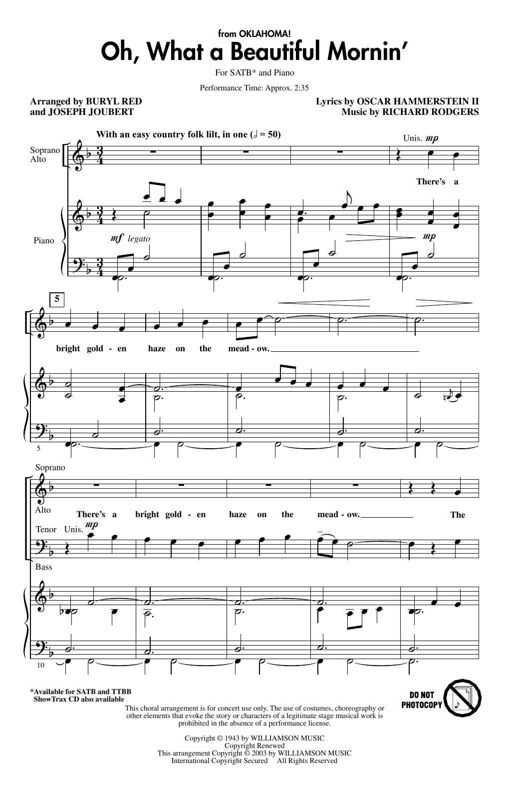 Download Rodgers & Hammerstein Oh, What A Beautiful Mornin' (from Oklahoma) (arr. Buryl Red & Joseph Joubert) Sheet Music and learn how to play TTBB Choir PDF digital score in minutes