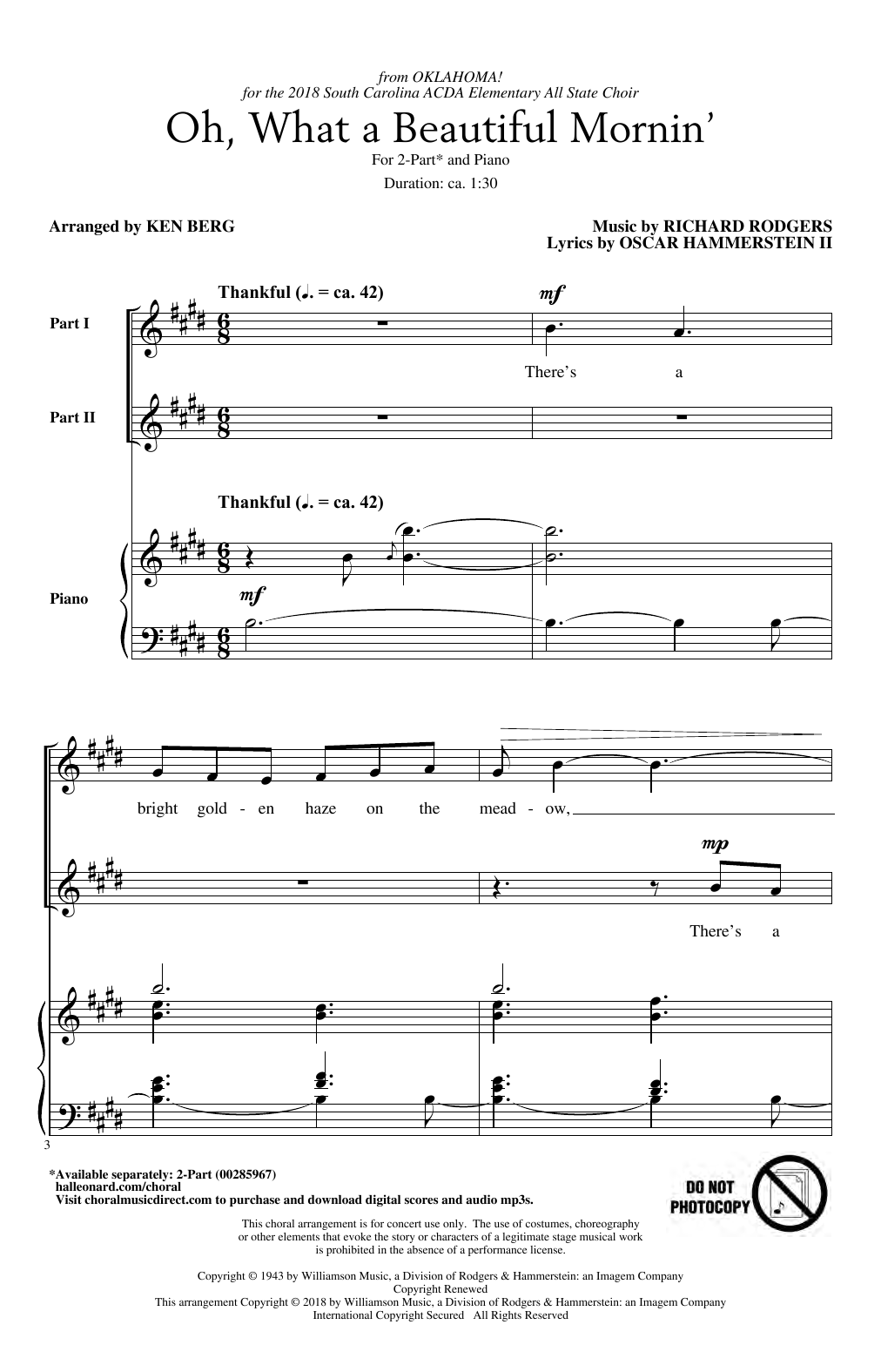 Download Rodgers & Hammerstein Oh, What A Beautiful Mornin' (from Oklahoma!) (arr. Ken Berg) Sheet Music and learn how to play 2-Part Choir PDF digital score in minutes