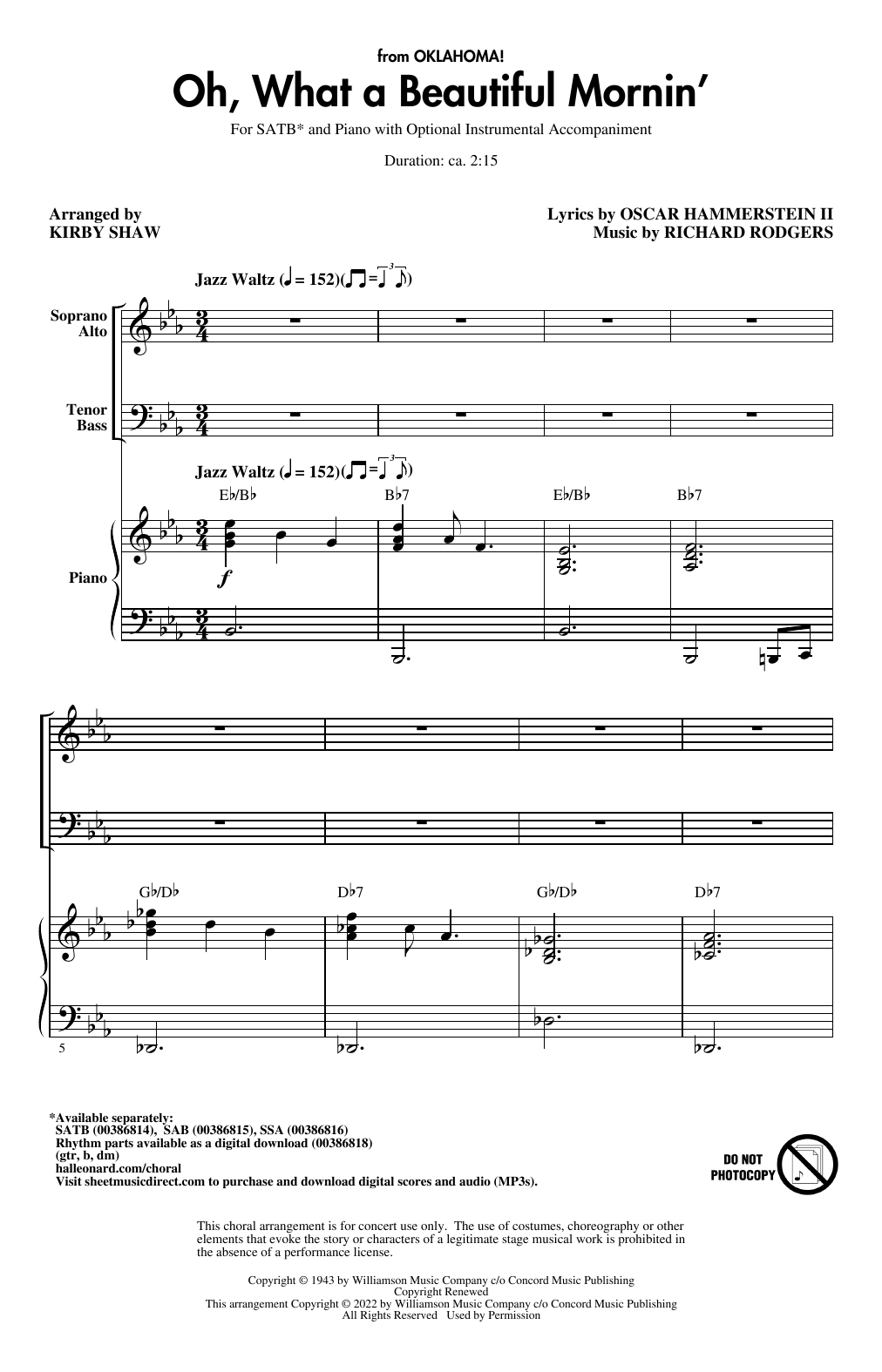 Download Rodgers & Hammerstein Oh, What A Beautiful Mornin' (from Oklahoma!) (arr. Kirby Shaw) Sheet Music and learn how to play SSA Choir PDF digital score in minutes