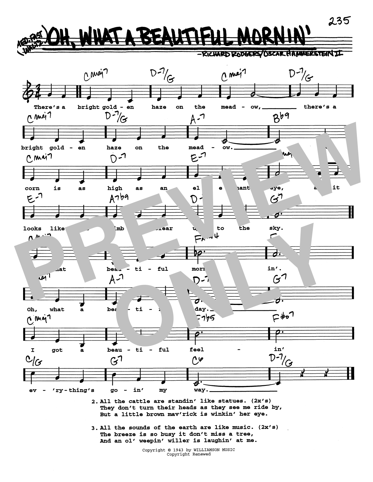 Download Rodgers & Hammerstein Oh, What A Beautiful Mornin' (Low Voice) Sheet Music and learn how to play Real Book – Melody, Lyrics & Chords PDF digital score in minutes