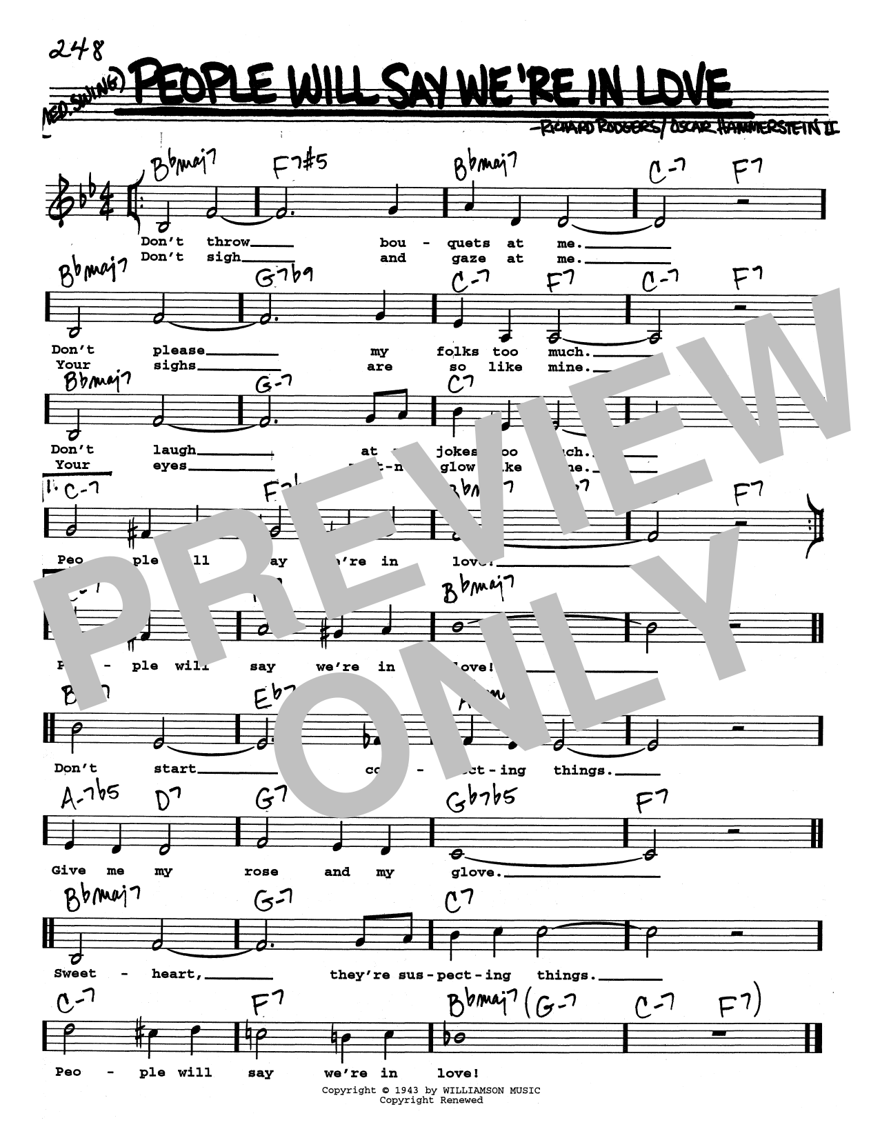 Download Rodgers & Hammerstein People Will Say We're In Love (Low Voice) Sheet Music and learn how to play Real Book – Melody, Lyrics & Chords PDF digital score in minutes