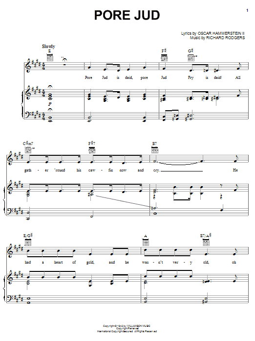 Download Rodgers & Hammerstein Pore Jud Is Daid Sheet Music and learn how to play Piano, Vocal & Guitar (Right-Hand Melody) PDF digital score in minutes