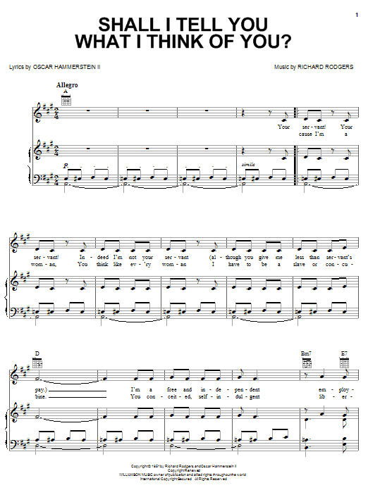 Download Rodgers & Hammerstein Shall I Tell You What I Think Of You? Sheet Music and learn how to play Piano, Vocal & Guitar (Right-Hand Melody) PDF digital score in minutes