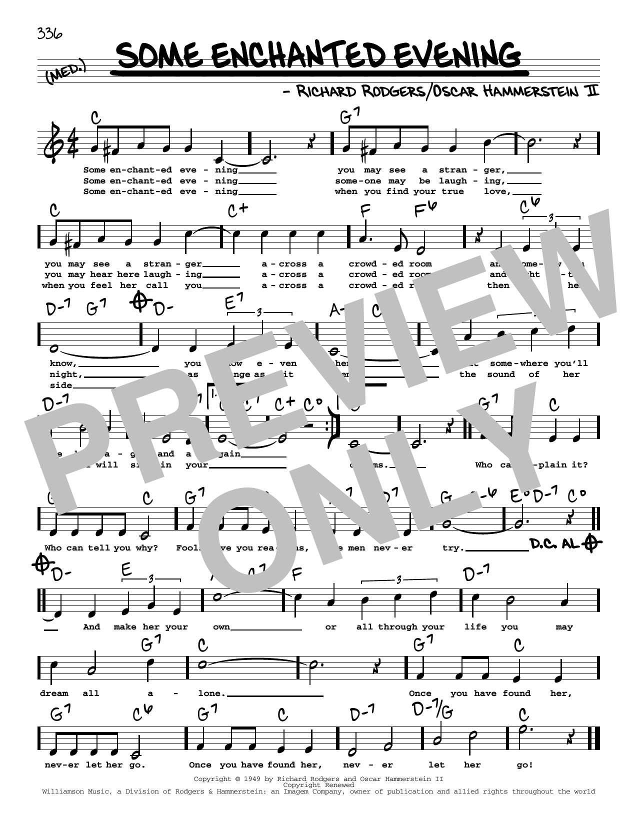 Download Rodgers & Hammerstein Some Enchanted Evening (High Voice) (from South Pacific) Sheet Music and learn how to play Real Book – Melody, Lyrics & Chords PDF digital score in minutes