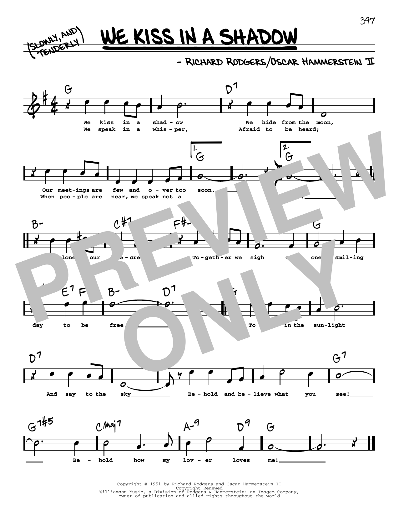 Download Rodgers & Hammerstein We Kiss In A Shadow (High Voice) Sheet Music and learn how to play Real Book – Melody, Lyrics & Chords PDF digital score in minutes