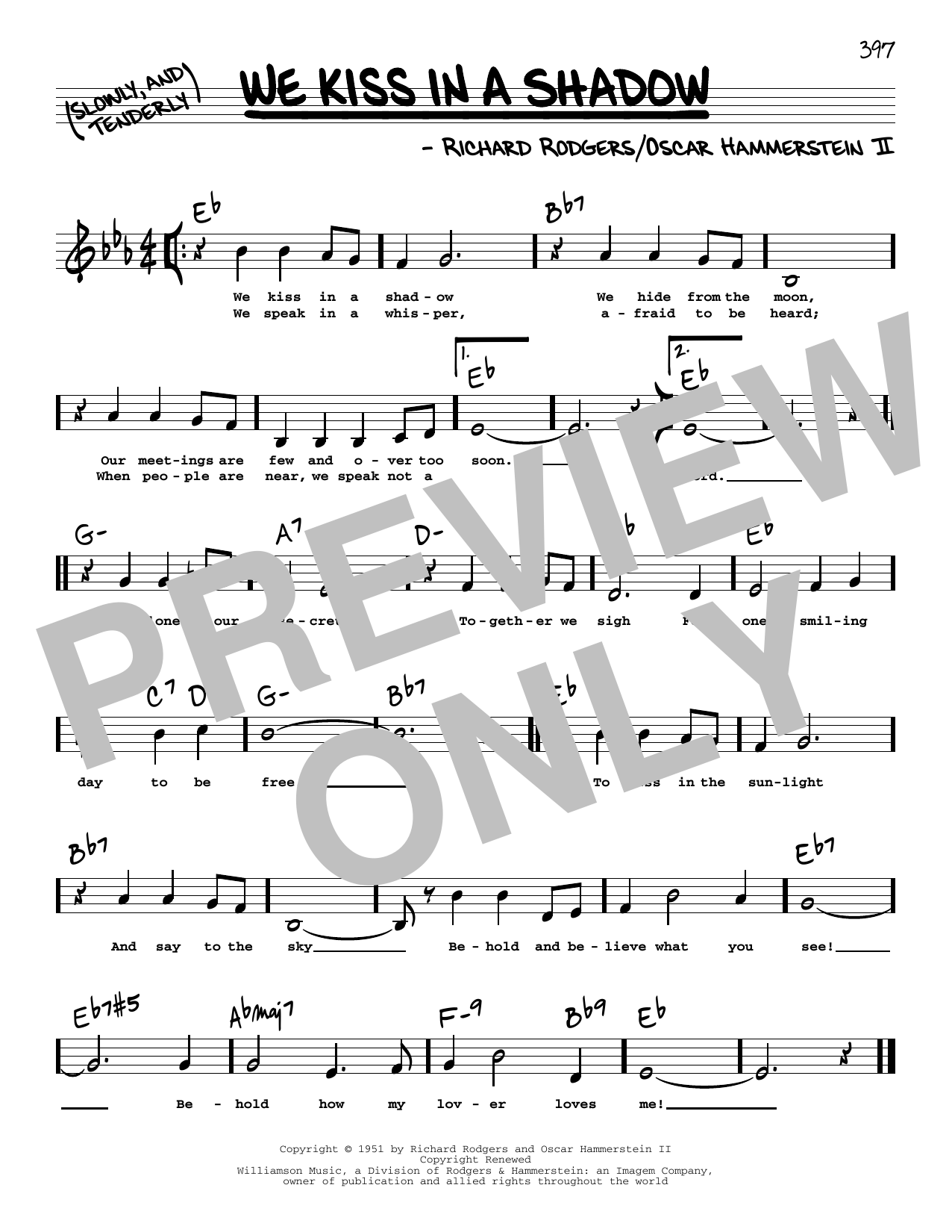 Download Rodgers & Hammerstein We Kiss In A Shadow (Low Voice) Sheet Music and learn how to play Real Book – Melody, Lyrics & Chords PDF digital score in minutes