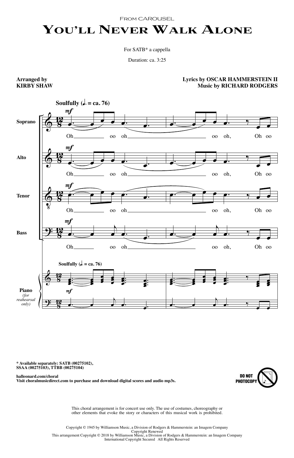 Download Rodgers & Hammerstein You'll Never Walk Alone (arr. Kirby Shaw) Sheet Music and learn how to play SATB Choir PDF digital score in minutes
