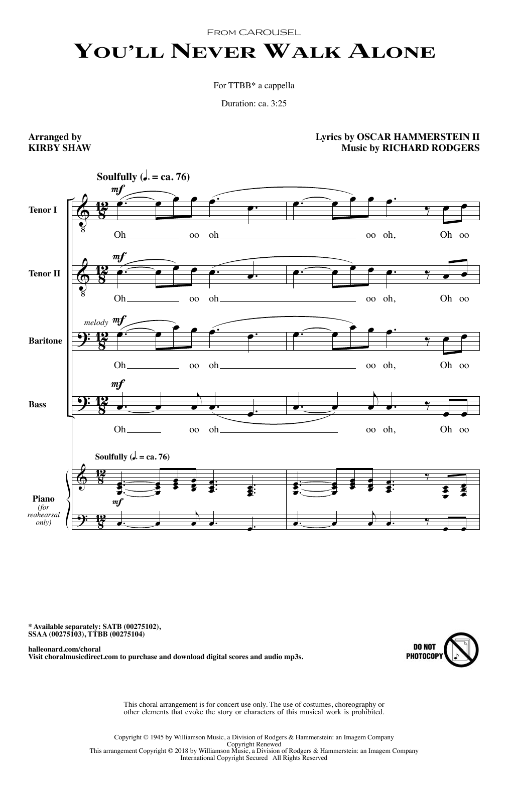 Download Kirby Shaw You'll Never Walk Alone Sheet Music and learn how to play TTBB Choir PDF digital score in minutes