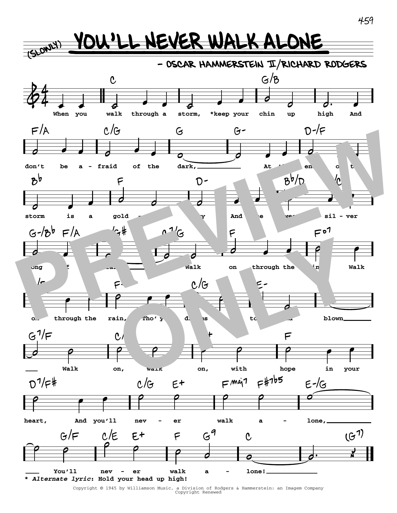 Download Rodgers & Hammerstein You'll Never Walk Alone (High Voice) (from Carousel) Sheet Music and learn how to play Real Book – Melody, Lyrics & Chords PDF digital score in minutes