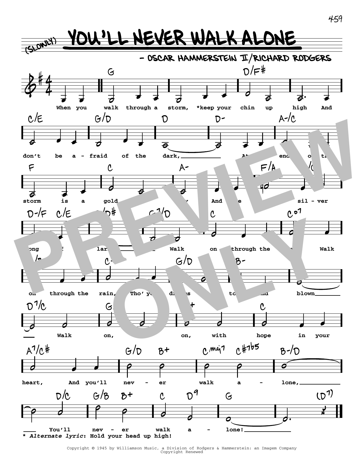 Download Rodgers & Hammerstein You'll Never Walk Alone (Low Voice) (from Carousel) Sheet Music and learn how to play Real Book – Melody, Lyrics & Chords PDF digital score in minutes