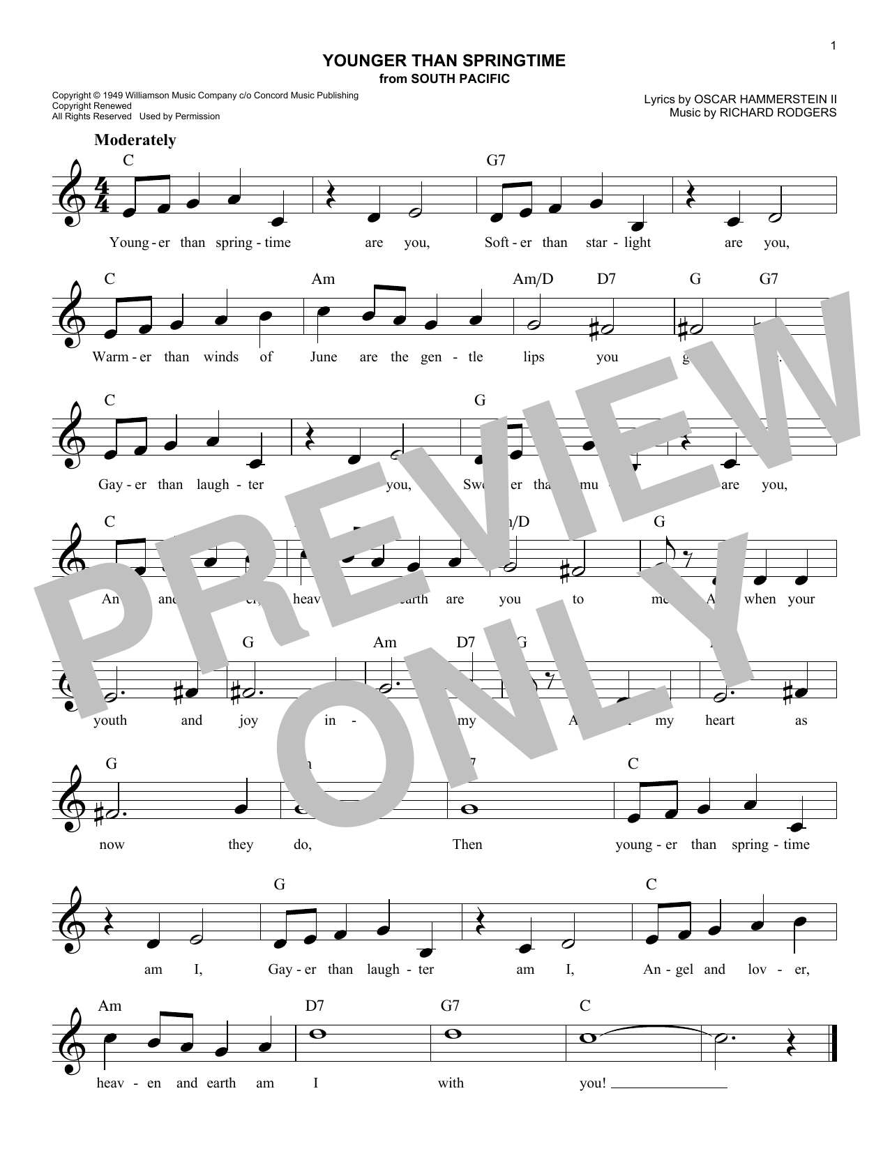 Download Rodgers & Hammerstein Younger Than Springtime (from South Pacific) Sheet Music and learn how to play Lead Sheet / Fake Book PDF digital score in minutes