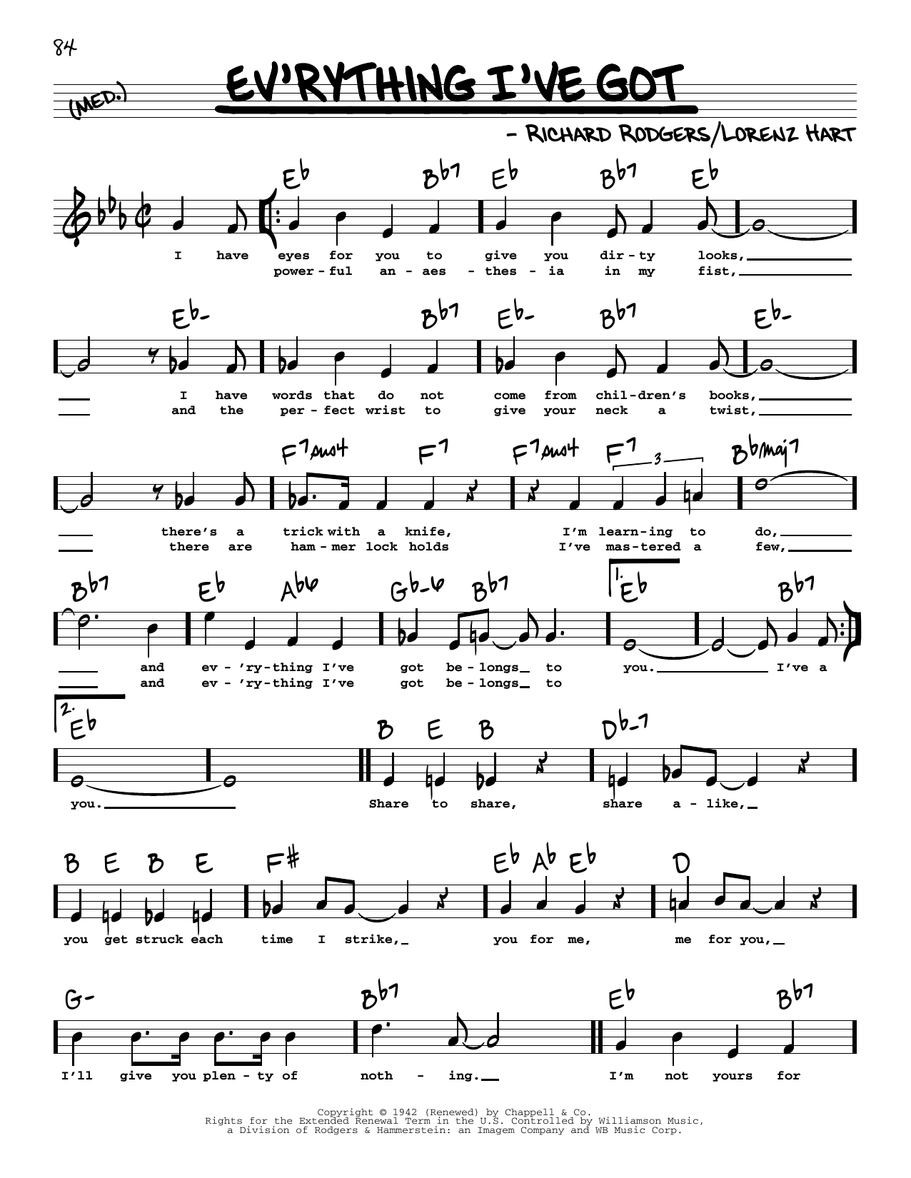 Download Rodgers & Hart Ev'rything I've Got (High Voice) Sheet Music and learn how to play Real Book – Melody, Lyrics & Chords PDF digital score in minutes