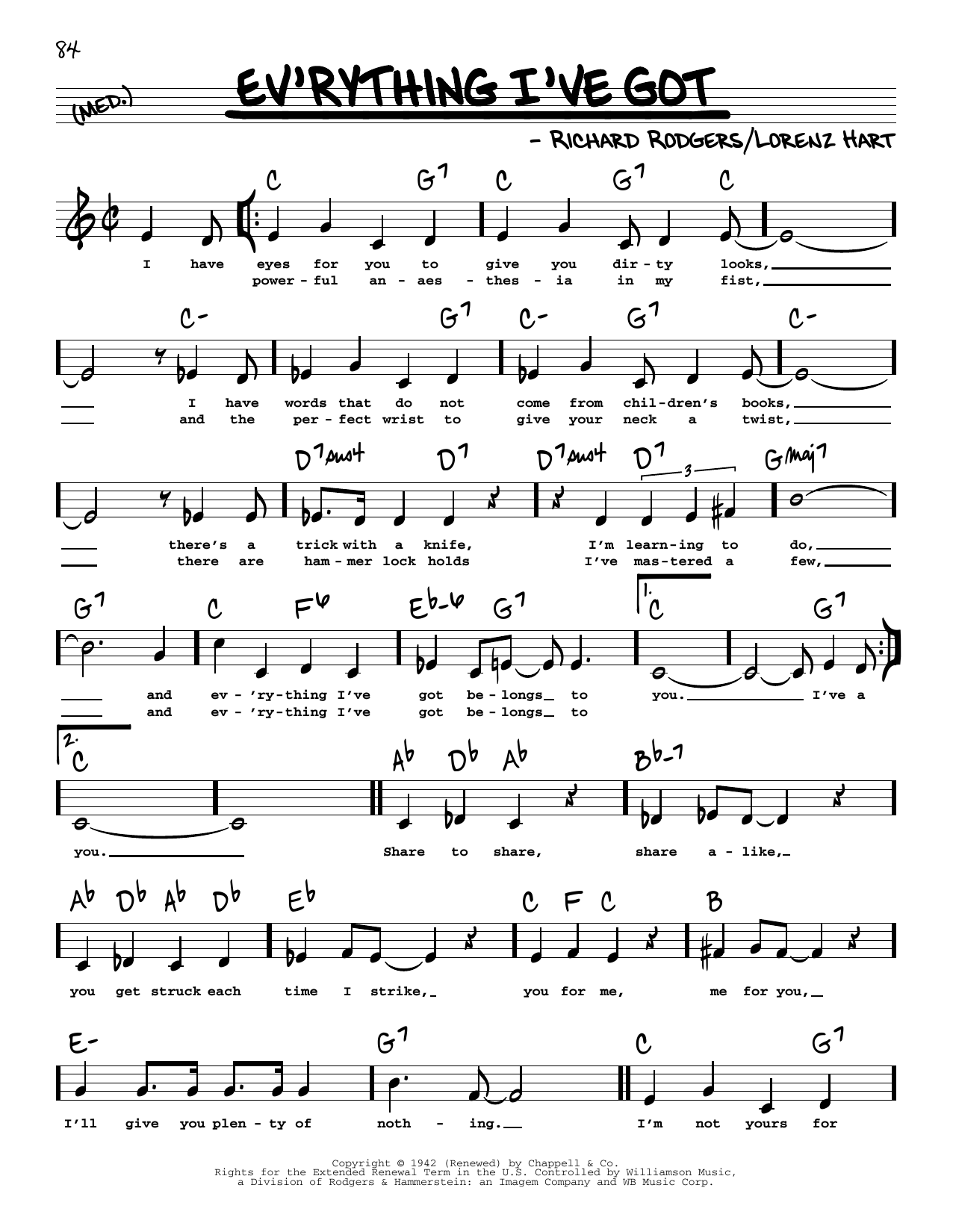 Download Rodgers & Hart Ev'rything I've Got (Low Voice) Sheet Music and learn how to play Real Book – Melody, Lyrics & Chords PDF digital score in minutes