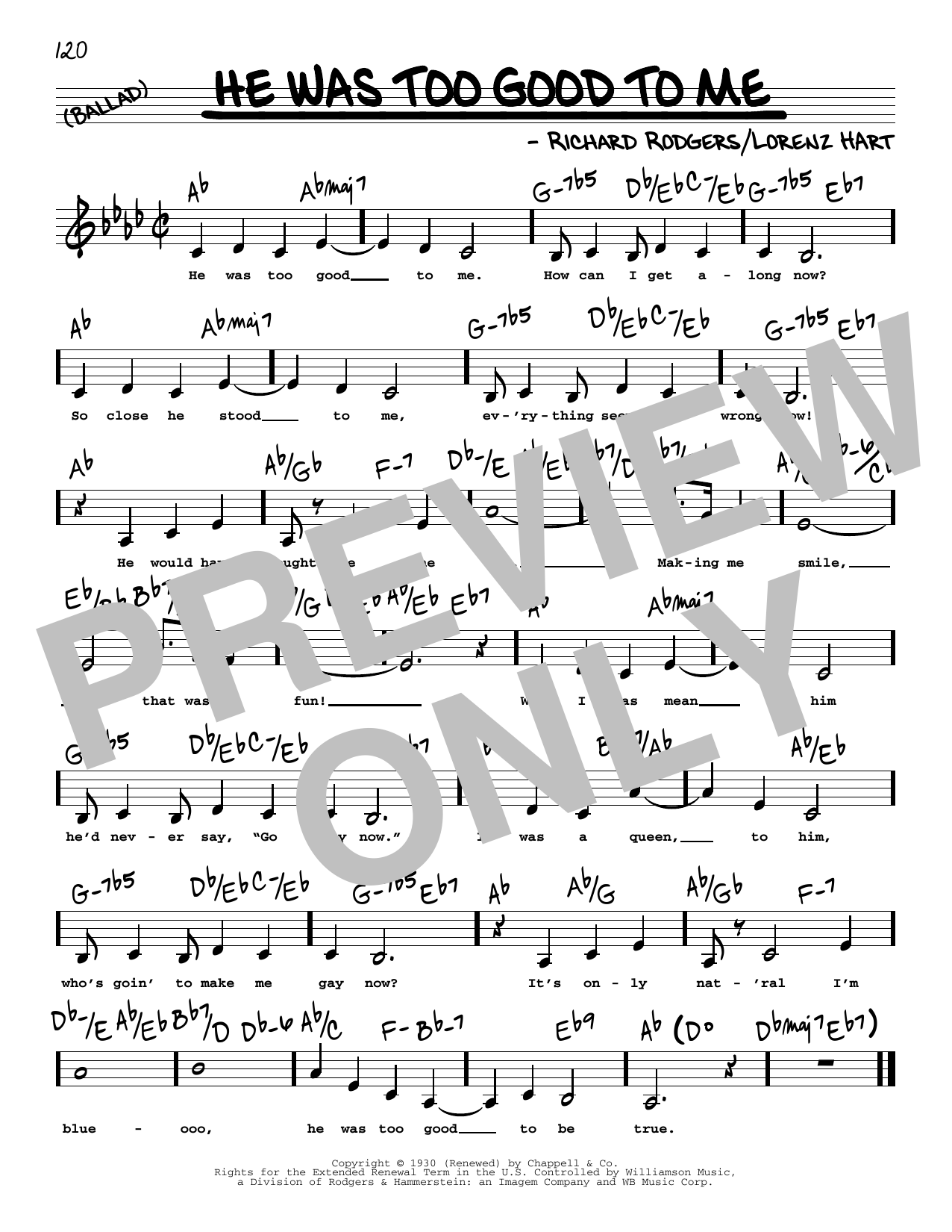 Download Rodgers & Hart He Was Too Good To Me (Low Voice) Sheet Music and learn how to play Real Book – Melody, Lyrics & Chords PDF digital score in minutes