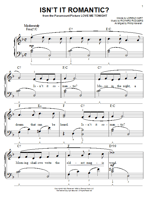 Download Rodgers & Hart Isn't It Romantic? Sheet Music and learn how to play Easy Piano PDF digital score in minutes