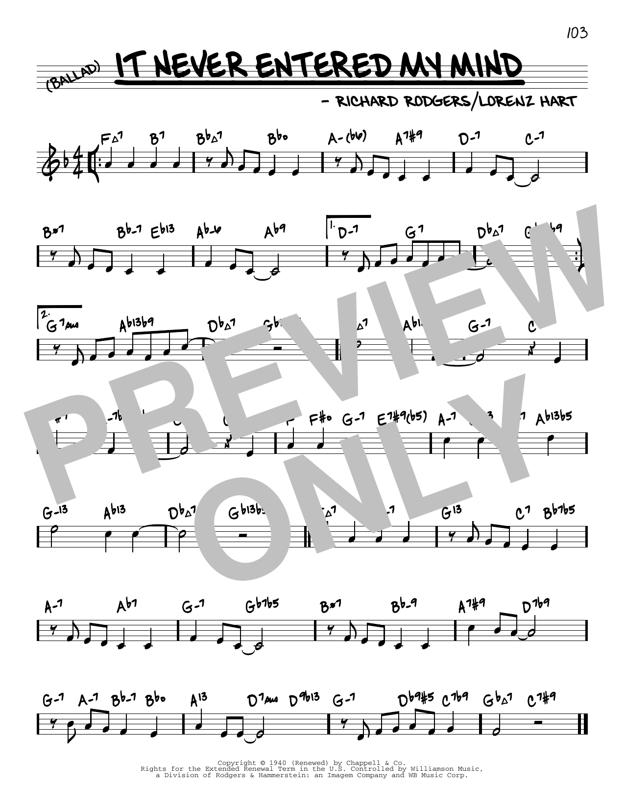 Download Rodgers & Hart It Never Entered My Mind (arr. David Hazeltine) Sheet Music and learn how to play Real Book – Enhanced Chords PDF digital score in minutes