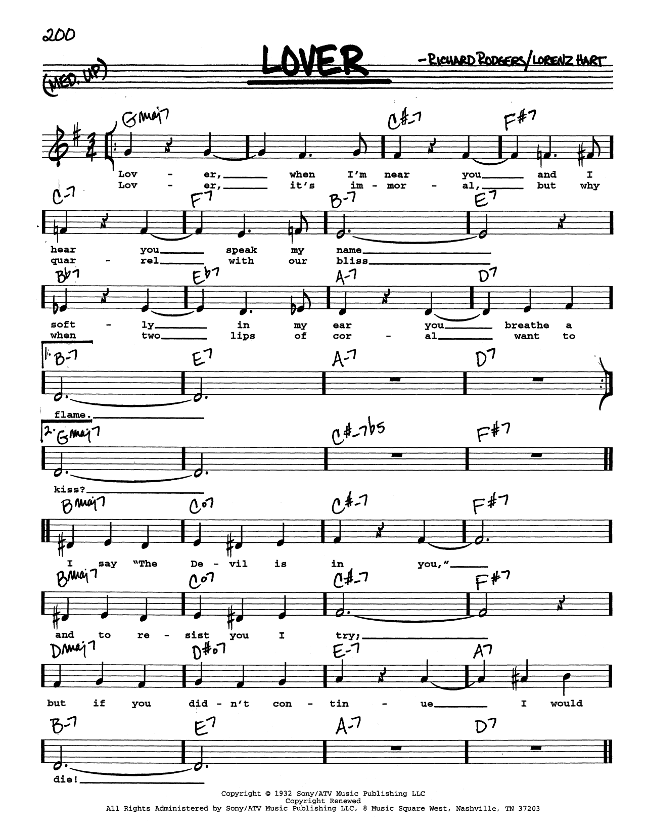 Download Rodgers & Hart Lover (Low Voice) Sheet Music and learn how to play Real Book – Melody, Lyrics & Chords PDF digital score in minutes