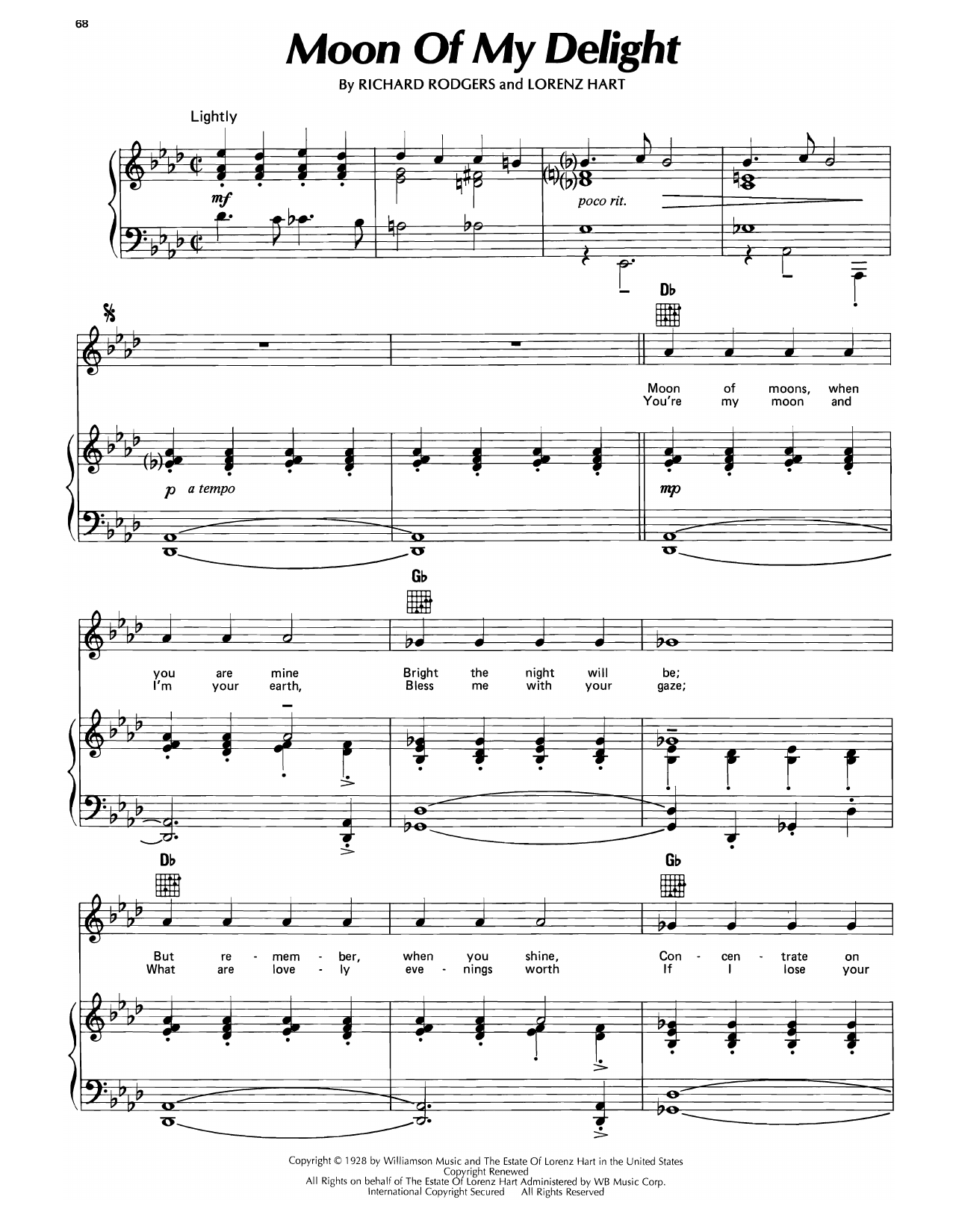 Download Rodgers & Hart Moon Of My Delight (from Chee-Chee) Sheet Music and learn how to play Piano, Vocal & Guitar Chords (Right-Hand Melody) PDF digital score in minutes