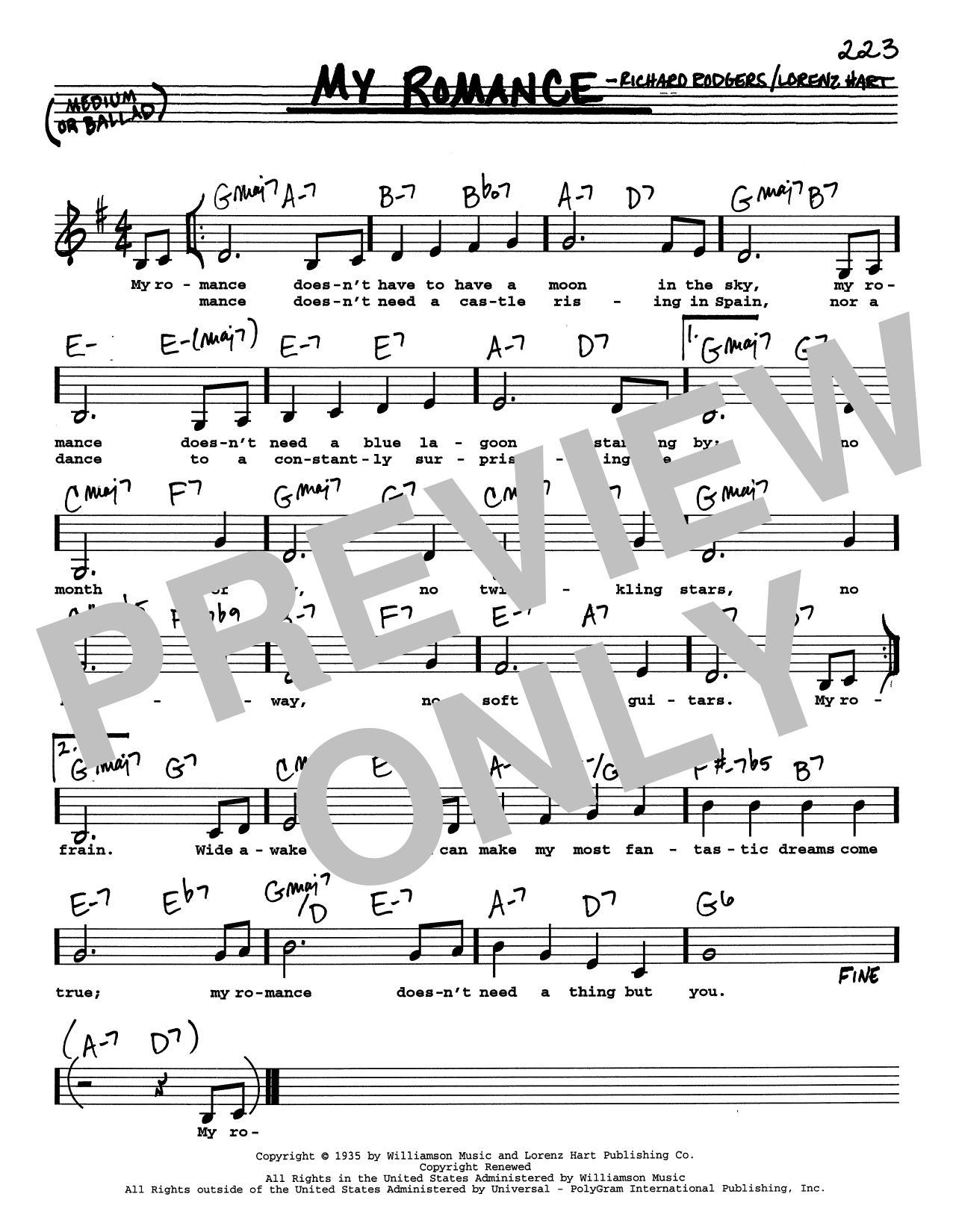 Download Rodgers & Hart My Romance (Low Voice) Sheet Music and learn how to play Real Book – Melody, Lyrics & Chords PDF digital score in minutes