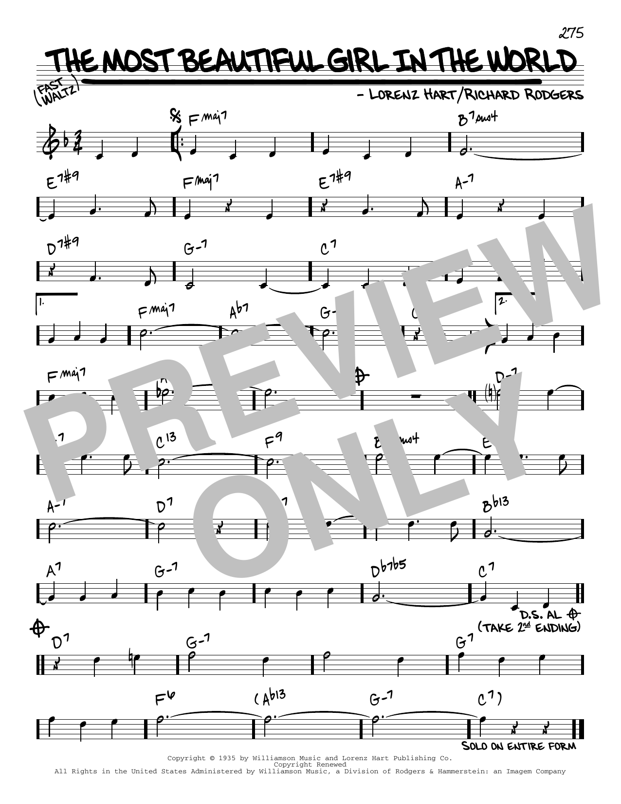 Download Rodgers & Hart The Most Beautiful Girl In The World [Reharmonized version] (arr. Jack Grassel) Sheet Music and learn how to play Real Book – Melody & Chords PDF digital score in minutes
