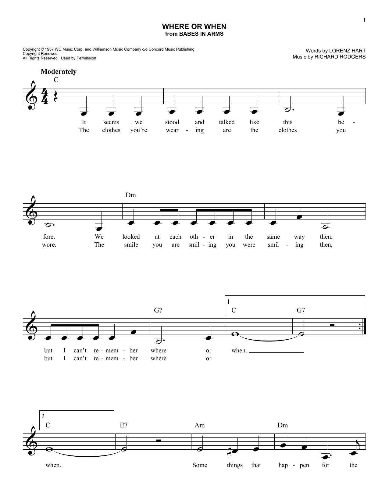 Download Rodgers & Hart Where Or When (from Babes In Arms) Sheet Music and learn how to play Lead Sheet / Fake Book PDF digital score in minutes