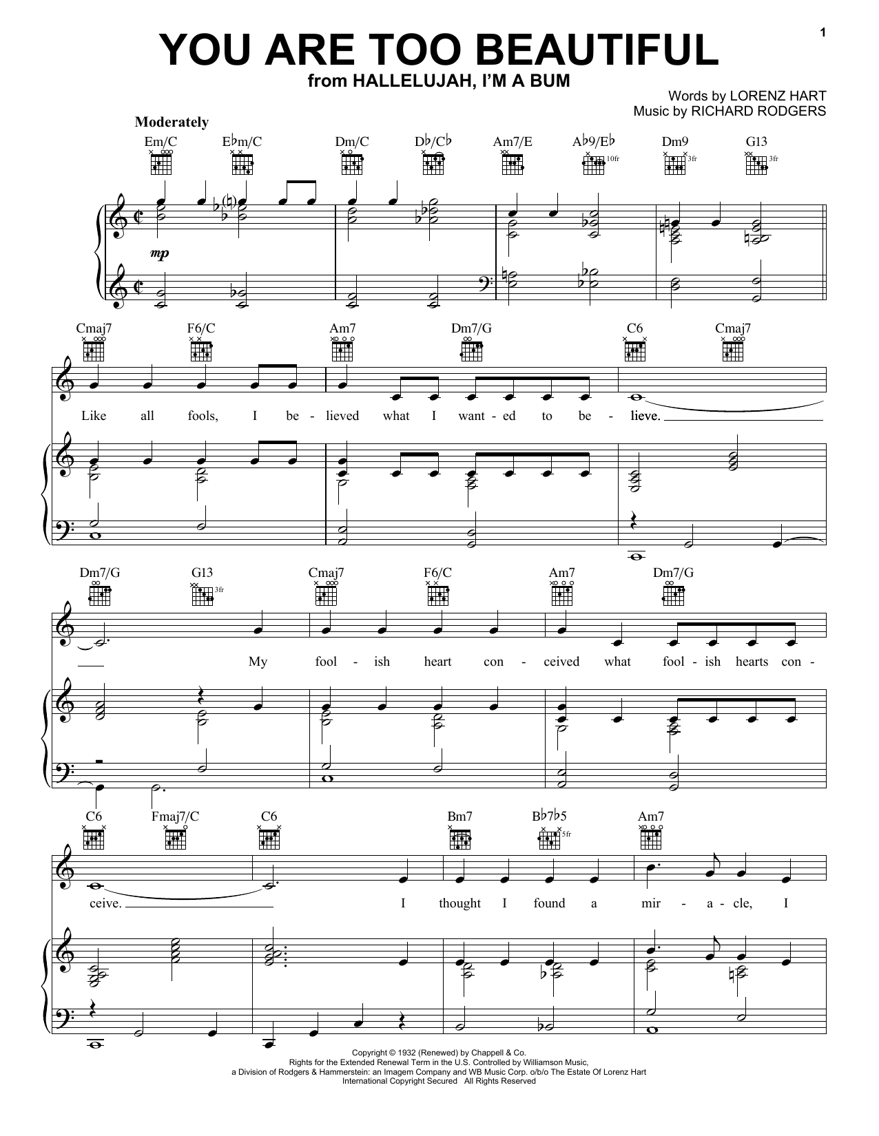 Download Rodgers & Hart You Are Too Beautiful Sheet Music and learn how to play Real Book - Melody & Chords - Bass Clef Instruments PDF digital score in minutes