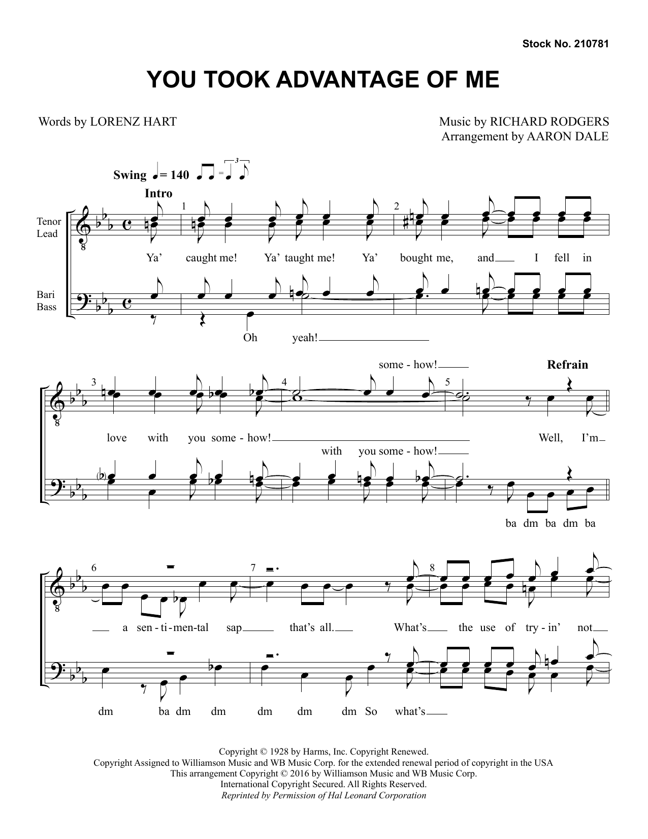 Download Rodgers & Hart You Took Advantage of Me (arr. Aaron Dale) Sheet Music and learn how to play TTBB Choir PDF digital score in minutes