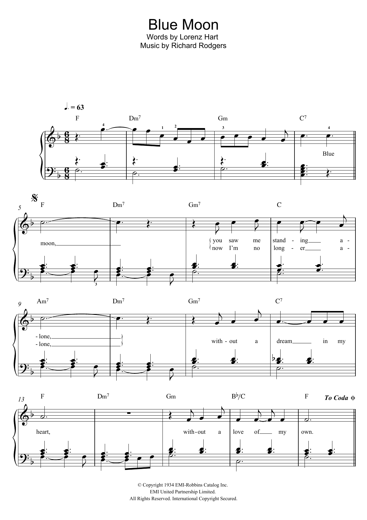 Download Rodgers & Hart Blue Moon Sheet Music and learn how to play Easy Piano PDF digital score in minutes