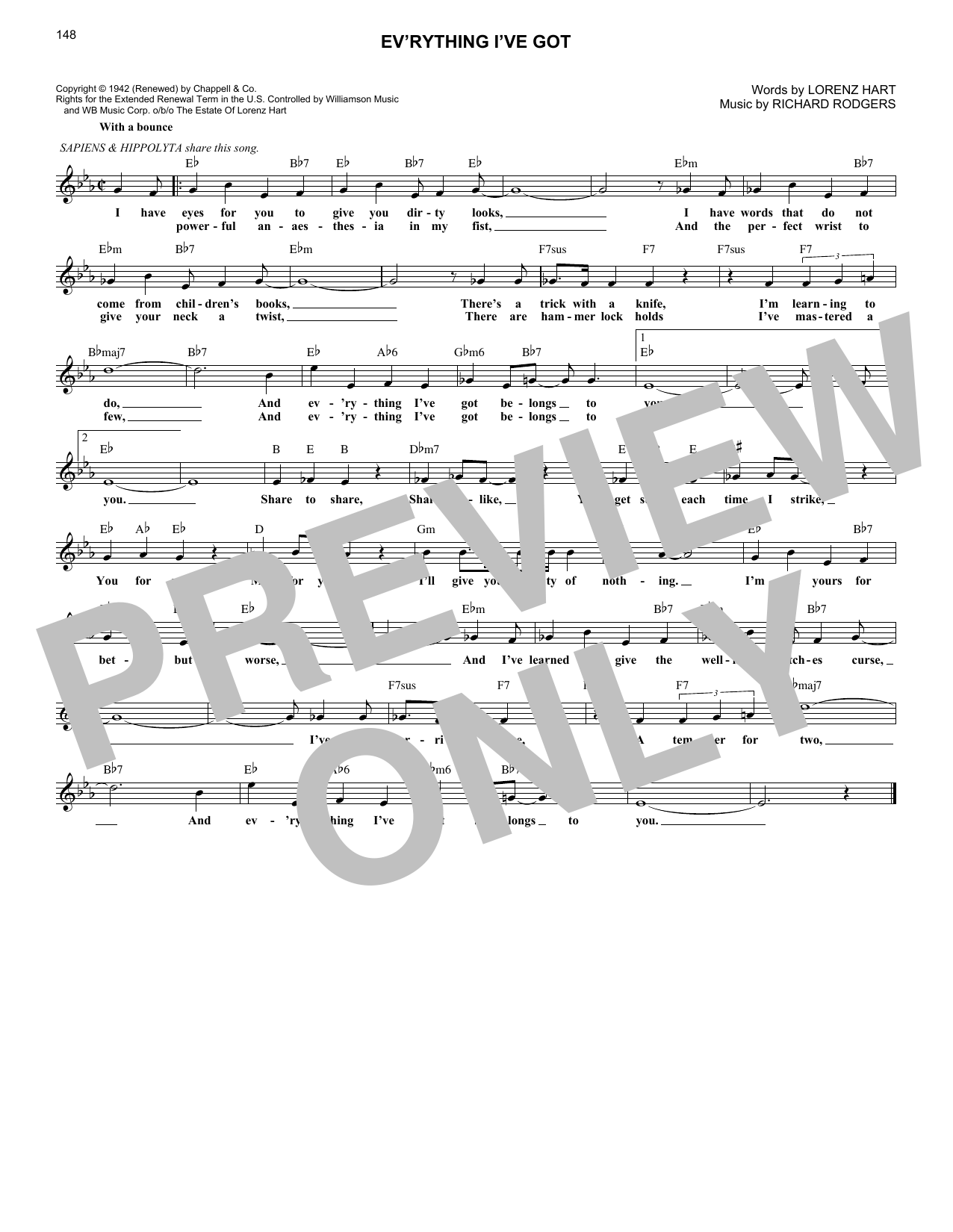 Download Rodgers & Hart Ev'rything I've Got Sheet Music and learn how to play Melody Line, Lyrics & Chords PDF digital score in minutes