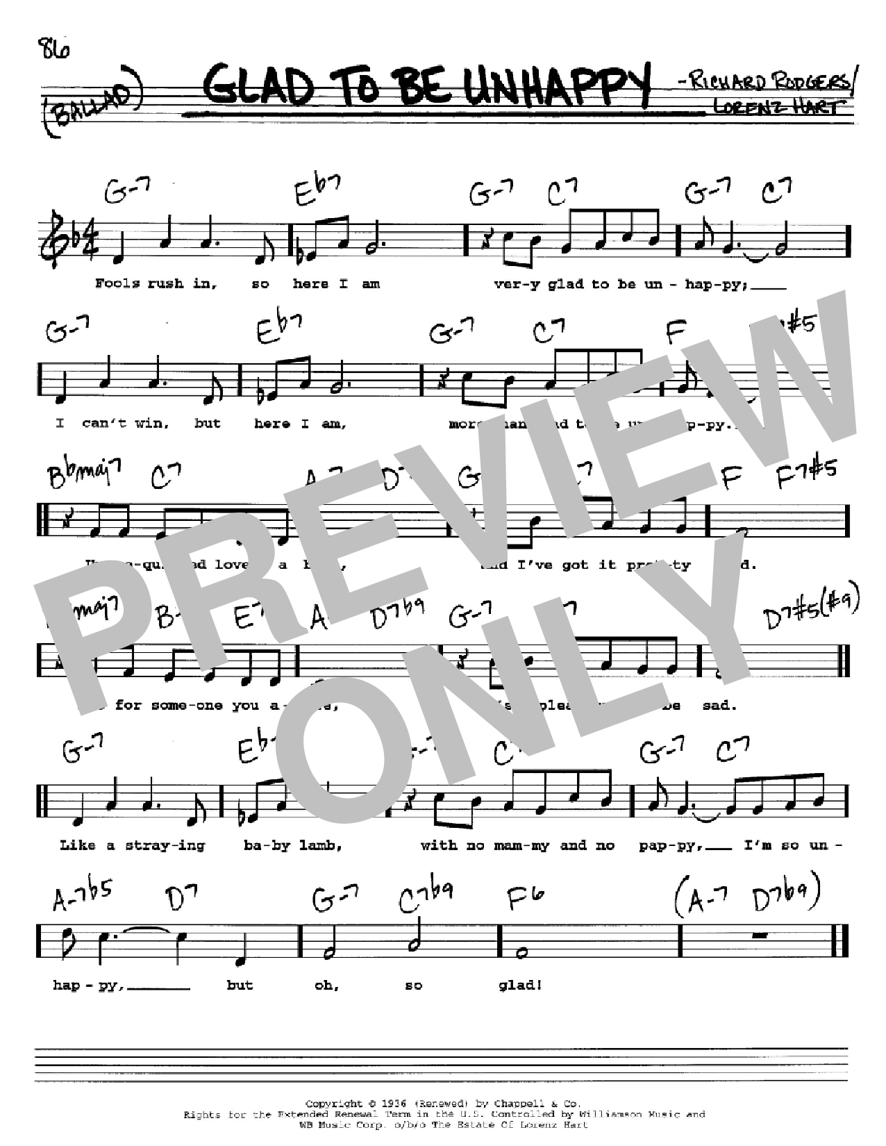 Download Rodgers & Hart Glad To Be Unhappy Sheet Music and learn how to play Real Book - Melody, Lyrics & Chords - C Instruments PDF digital score in minutes