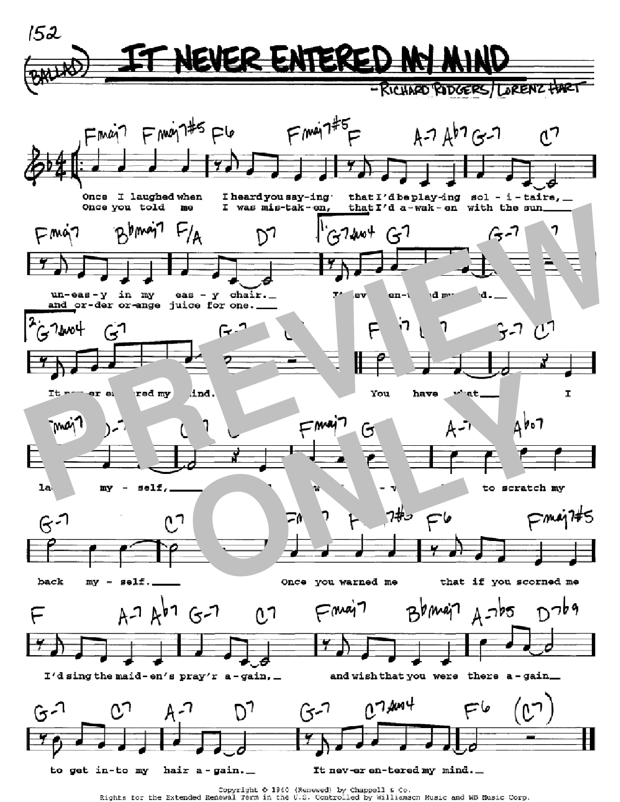 Download Rodgers & Hart It Never Entered My Mind Sheet Music and learn how to play Real Book - Melody, Lyrics & Chords - C Instruments PDF digital score in minutes