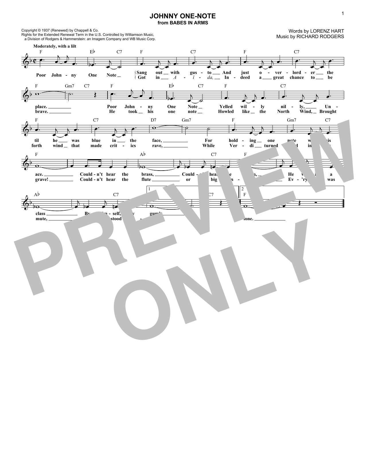 Download Rodgers & Hart Johnny One-Note Sheet Music and learn how to play Melody Line, Lyrics & Chords PDF digital score in minutes