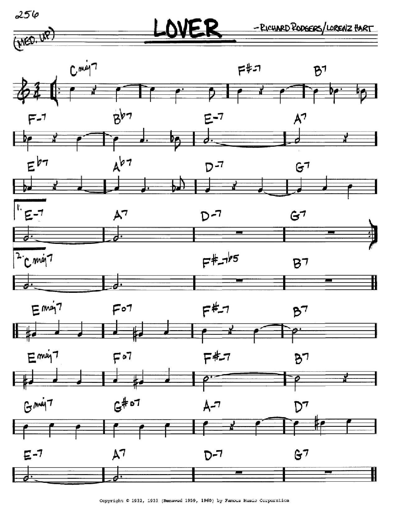 Download Rodgers & Hart Lover Sheet Music and learn how to play Real Book - Melody & Chords - C Instruments PDF digital score in minutes